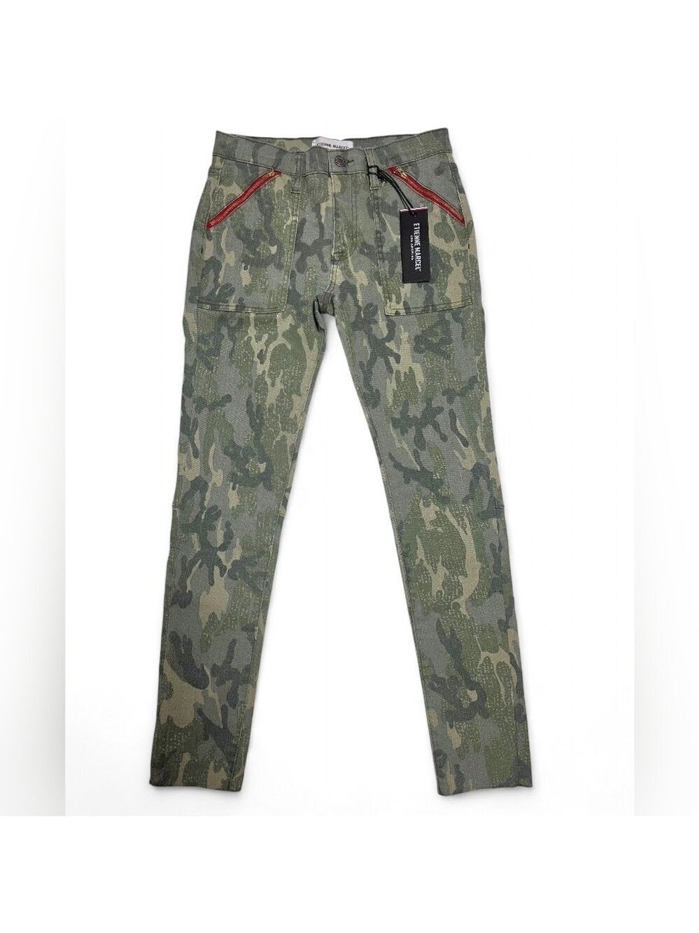 Etienne Marcel Green Camo Skinny Jeans Red Zip Detail Size 27 NWT Stretch Denim